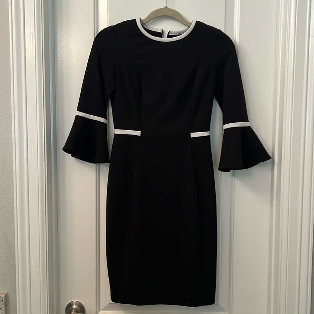 Calvin Klein black bell sleeve work dress with white trim